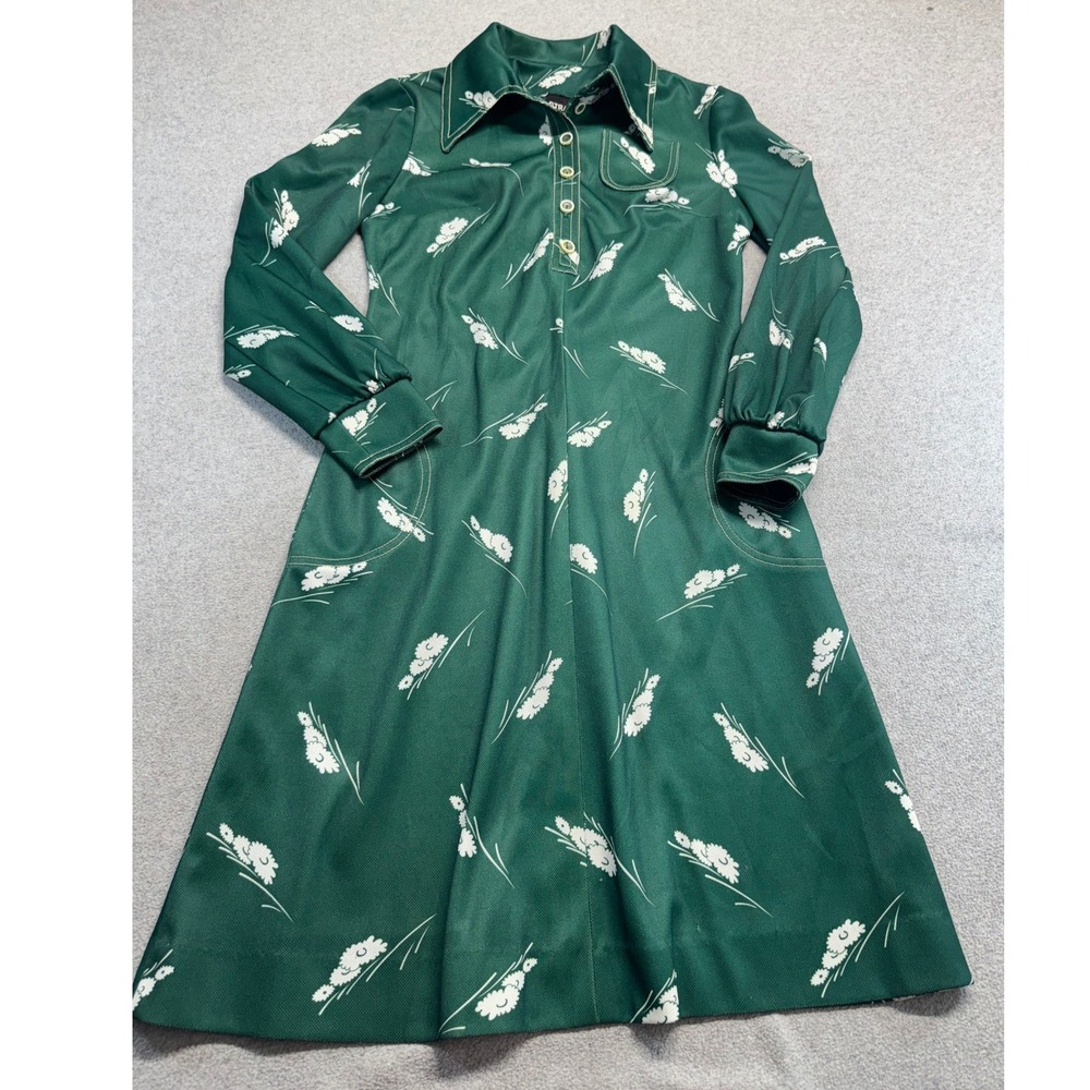 Strait Lane Vintage Style Midi Dress Womens S Green Floral Retro 70s Mod Collar